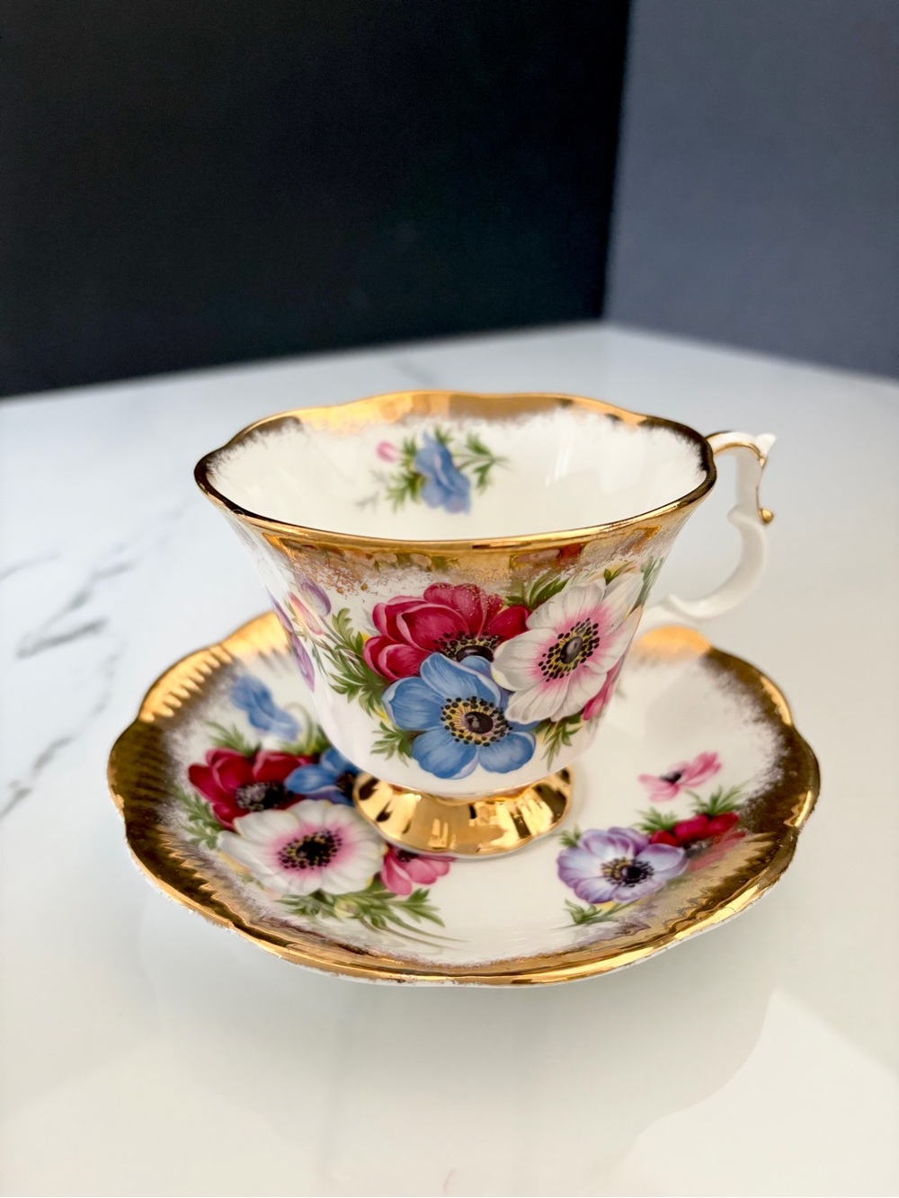 Anemone Gold Floral Cup & Saucer by Royal Albert